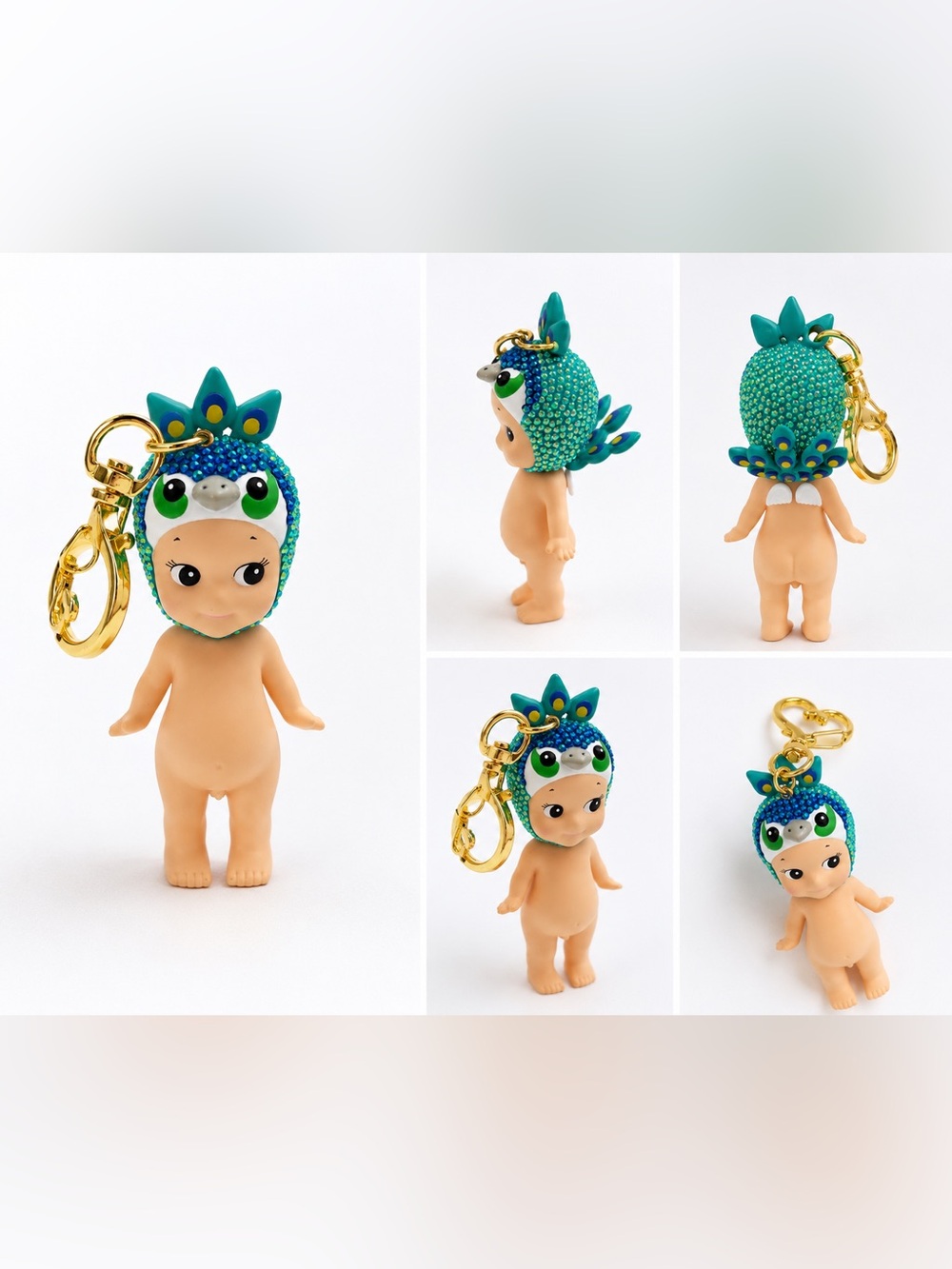 Peacock Sonny Angel Keychain Charm - Teal Blue Crystal Helmet